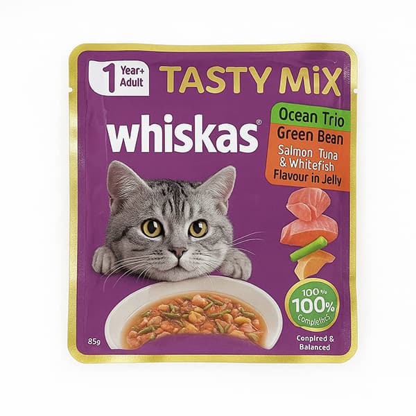 پوچ گربه ویسکاس Tasty Mix طعم سه‌گانه دریایی با لوبیا سبز (85 گرم)