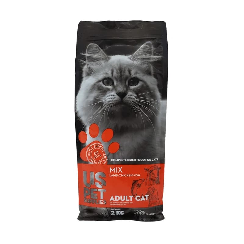 غذای خشک گربه بالغ US PET با طعم بره، مرغ، ماهی ( 2 کیلوگرم )