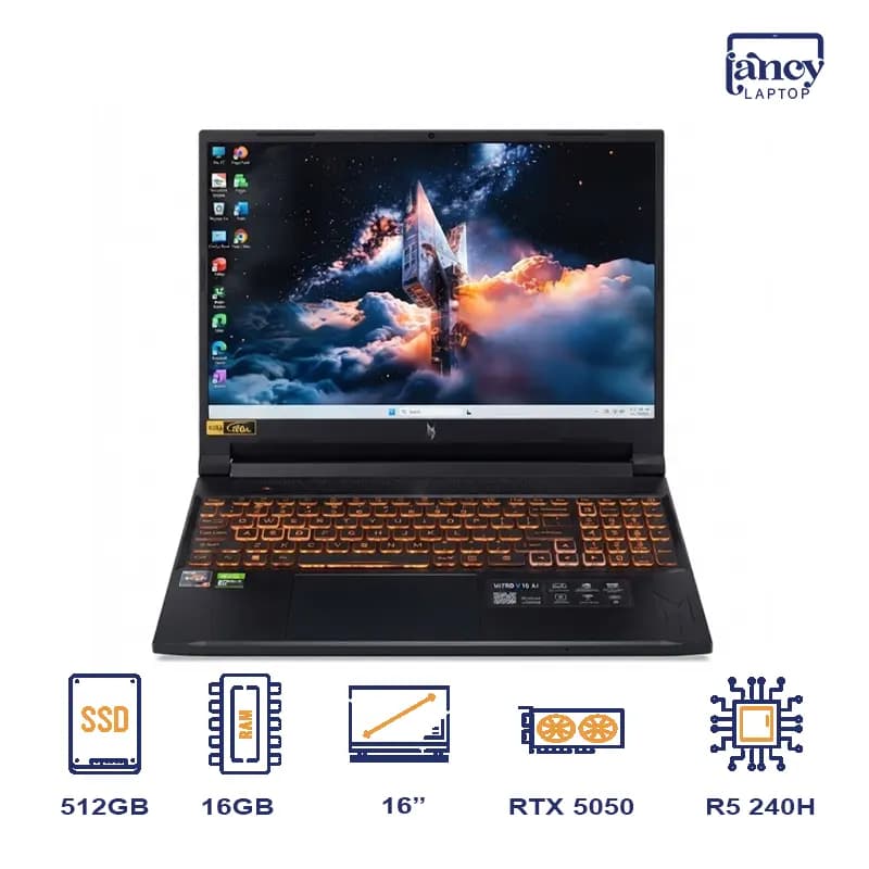 لپ تاپ استوک 16 اینچی ایسر Nitro V 16 ANV16-42 Ryzen 5 240H 16GB 512GB SSD RTX 5050 8GB 165Hz WUXGA