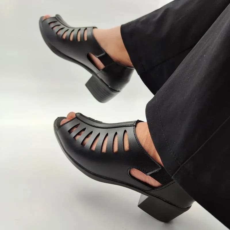 صندل طبی زنانه چرم پاشنه دار مدل حصیری پاشنه 5 سانتی — تصویر ۹