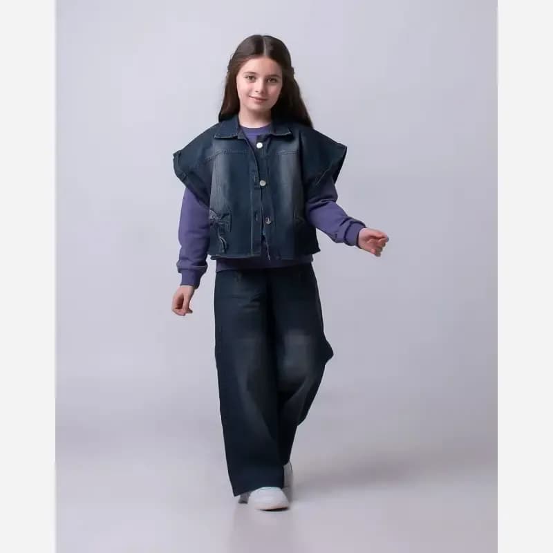 ست سه تیکه ژیله و شلوار جین دخترانه بلوز پنبه دورس — تصویر ۷