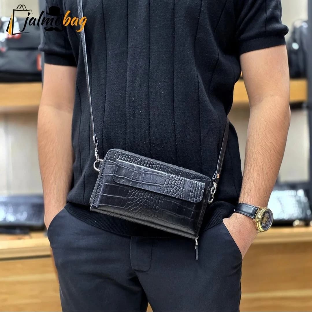 کیف دستی و دوشی چرم طبیعی ظفر دارای بند مچی و بند بلند قابل تنظیم — تصویر ۳