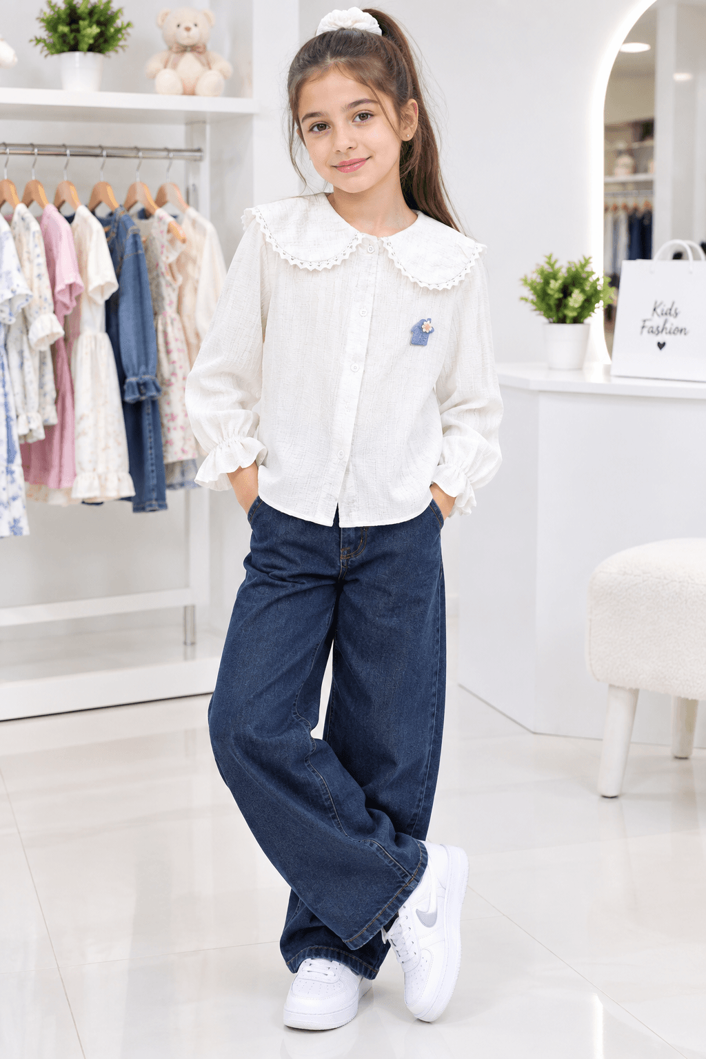 شومیز دخترانه یقه به به استین کش دار