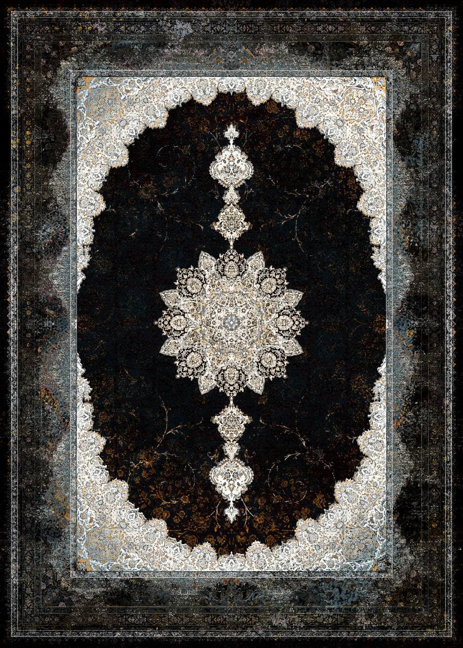 زیر سفره ای مخمل طرح مرکزی ایرانی مشکی خاکستری فرمهر کد tbt-f13056