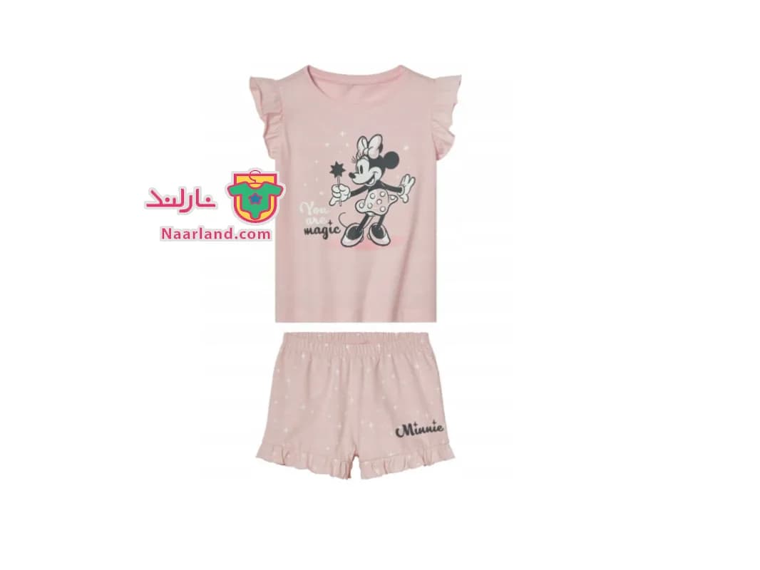 ست تیشرت شلوارک دخترانه Disney طرح میکی موس صورتی روشن
