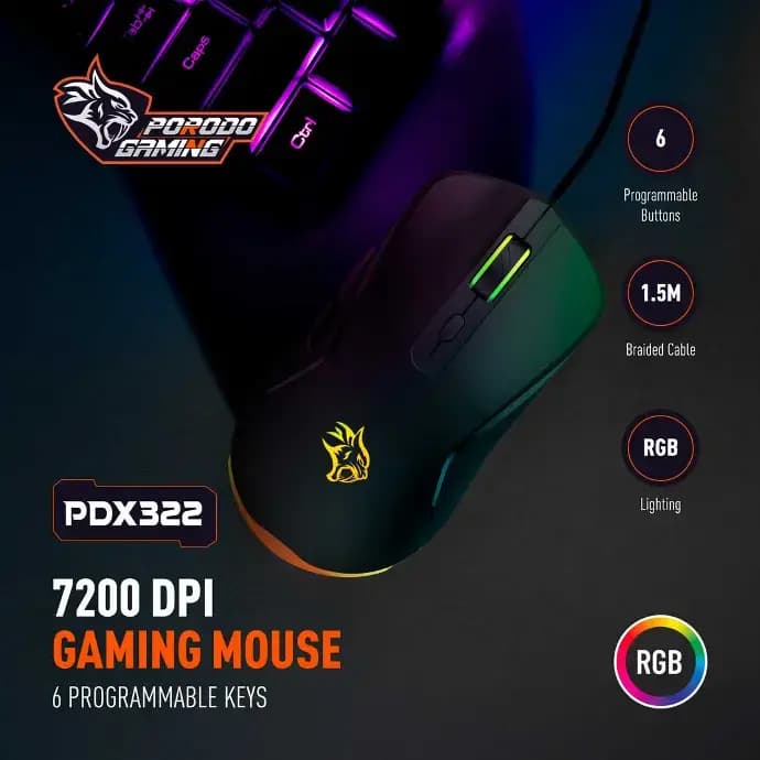 ماوس با سیم گیمینگ پرودو مدل Porodo Gaming 7200 DPI Gaming Mouse 6 Programmable Keys — تصویر ۳