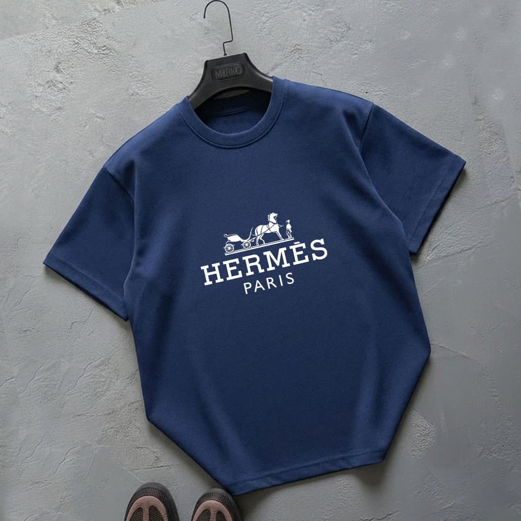 تیشرت باکسی مردانه طرح HERMES هرمس | جنس دونخ پنبه | رنگ سرمه ای