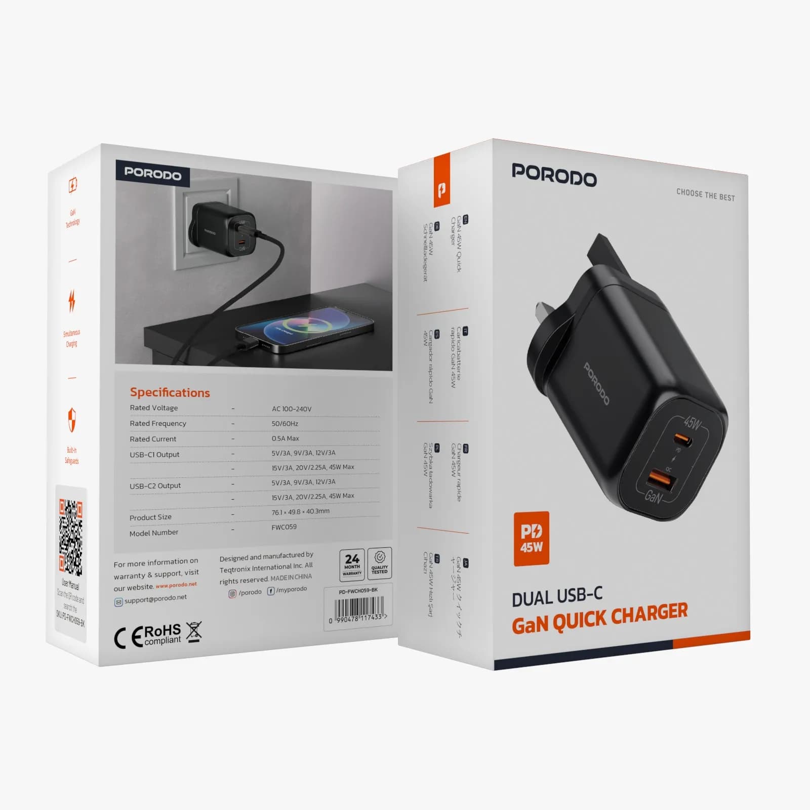 شارژر دیواری فست شارژ دو پورت مدل GaN PD45W پورودو — تصویر ۳