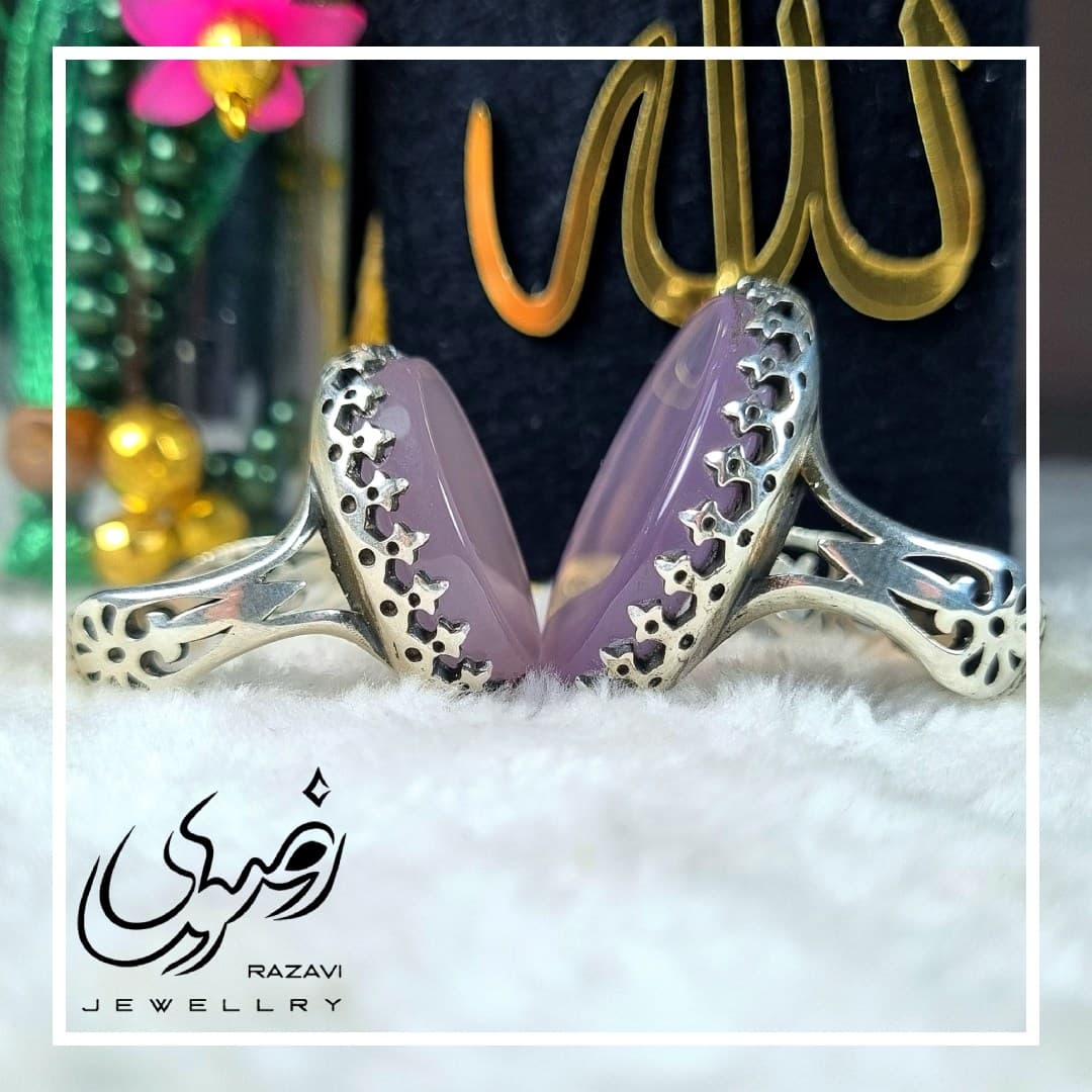 ست انگشتر نقره مردانه و زنانه عقیق کبود اصل طرح نیزه بدون حکاکی — تصویر ۵