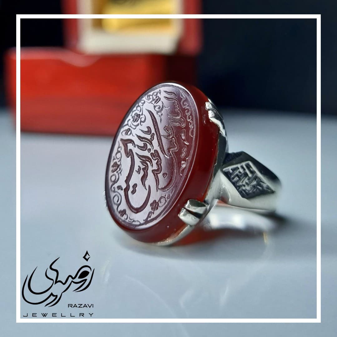 انگشتر نقره مردانه عقیق سرخ طرح نیزه السلام علیک یاابا عبدالله