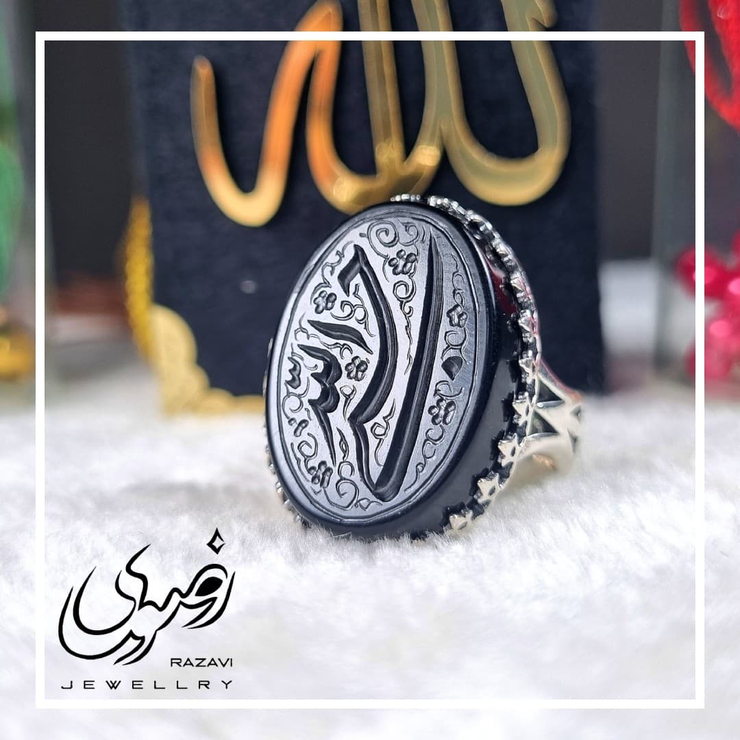 انگشتر نقره مردانه عقیق مشکی اصل طرح نیزه حسبی الله
