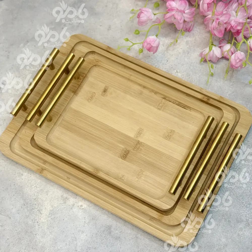 سینی بامبو دسته دار طلایی کد474