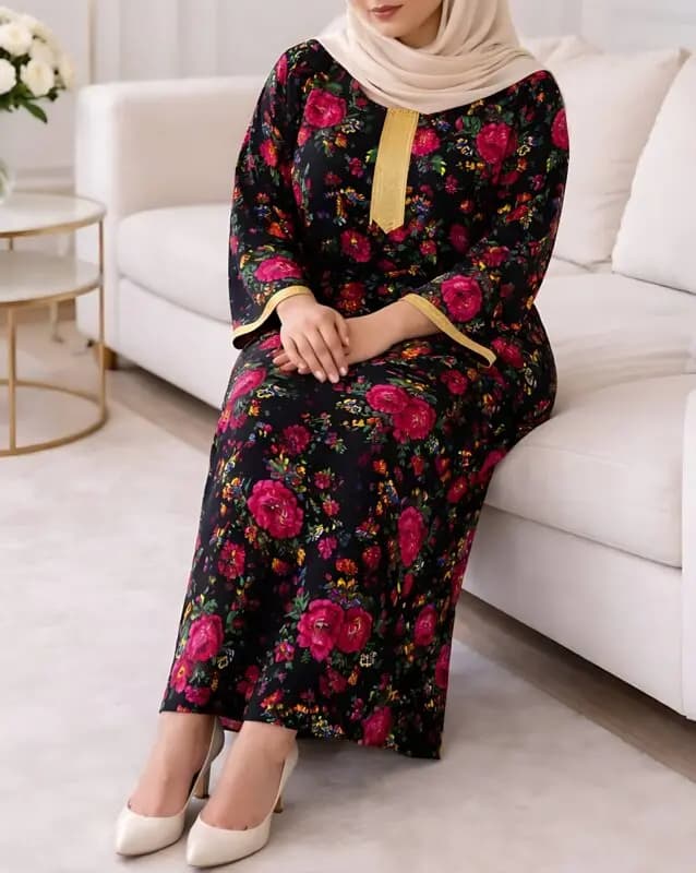 پیراهن سنتی گلدار نوارطلایی 6007