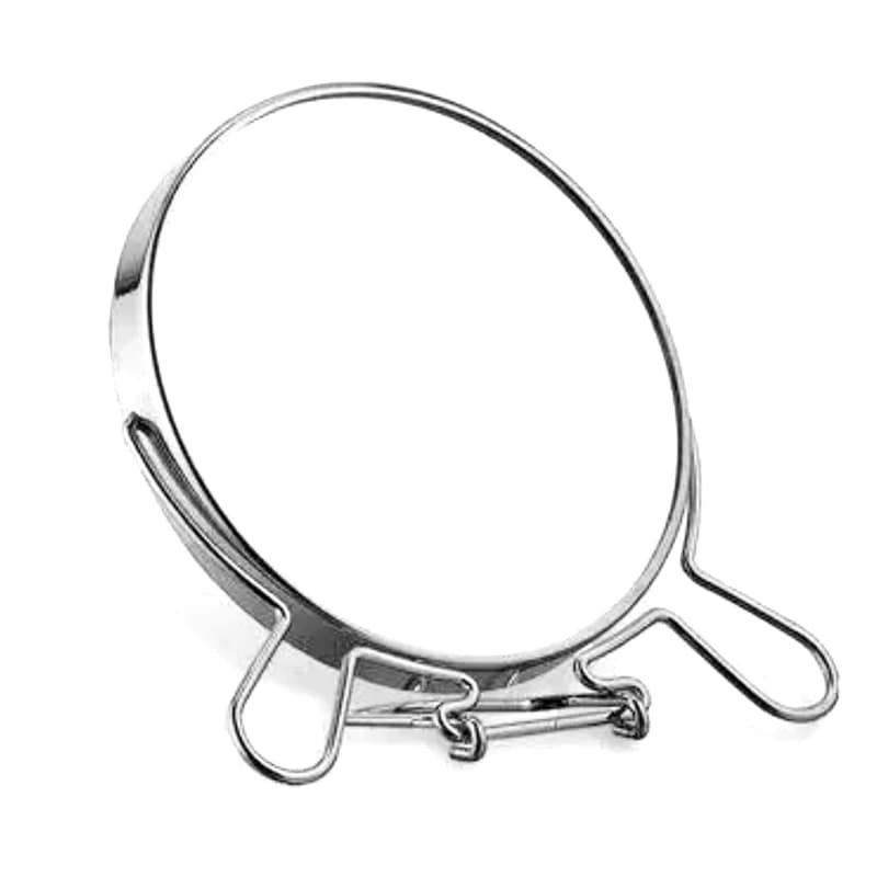 آینه آرایشی دو طرفه پایه‌دار با قطر 17 سانتی‌متر، دارای یک آینه ساده و یک آینه با بزرگنمایی 8 برابر، جنس استیل ضدخوردگی مدل 7