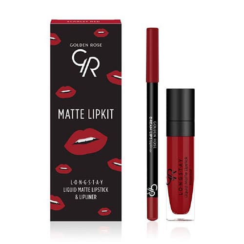 کیت رژ لب مایع و مداد لب گلدن رز رنگ Scarlet Red