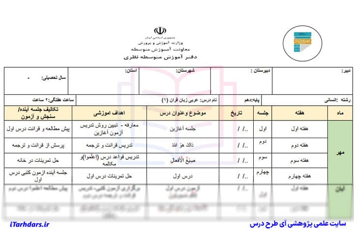 طرح درس سالانه عربی پایه دهم انسانی — تصویر ۳