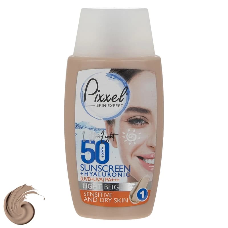 کرم ضدآفتاب رنگی پیکسل مدل LIGHT BEIGE حجم 50 میلی‌لیتر با SPF 50 و +++PA مناسب پوست حساس و خشک، محافظت در برابر UVA و UVB، مرطوب‌کننده با هیالورونیک اسید و ویتامین‌های گروه B، بافت سبک و جلوه مات