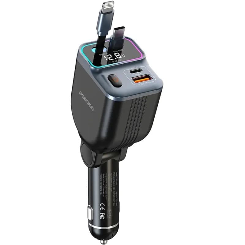 شارژر فندکی 65 وات پرودو مدل Porodo 65W Car Charger Dual Retractable Cable PDFWCH068BK