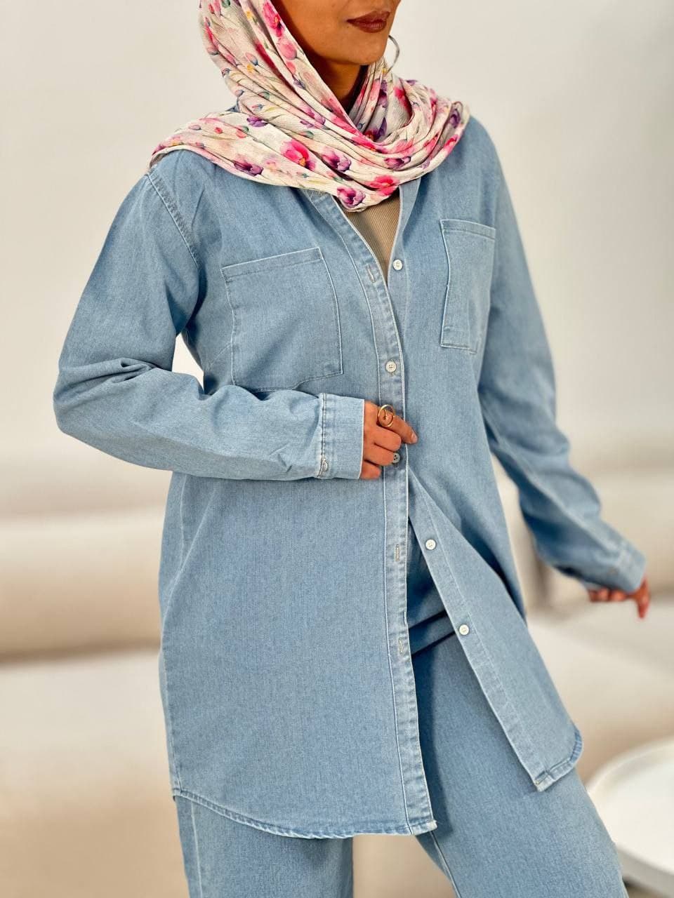 مانتو جین تابستانی زنانه و دخترانه آبی یخی — تصویر ۲