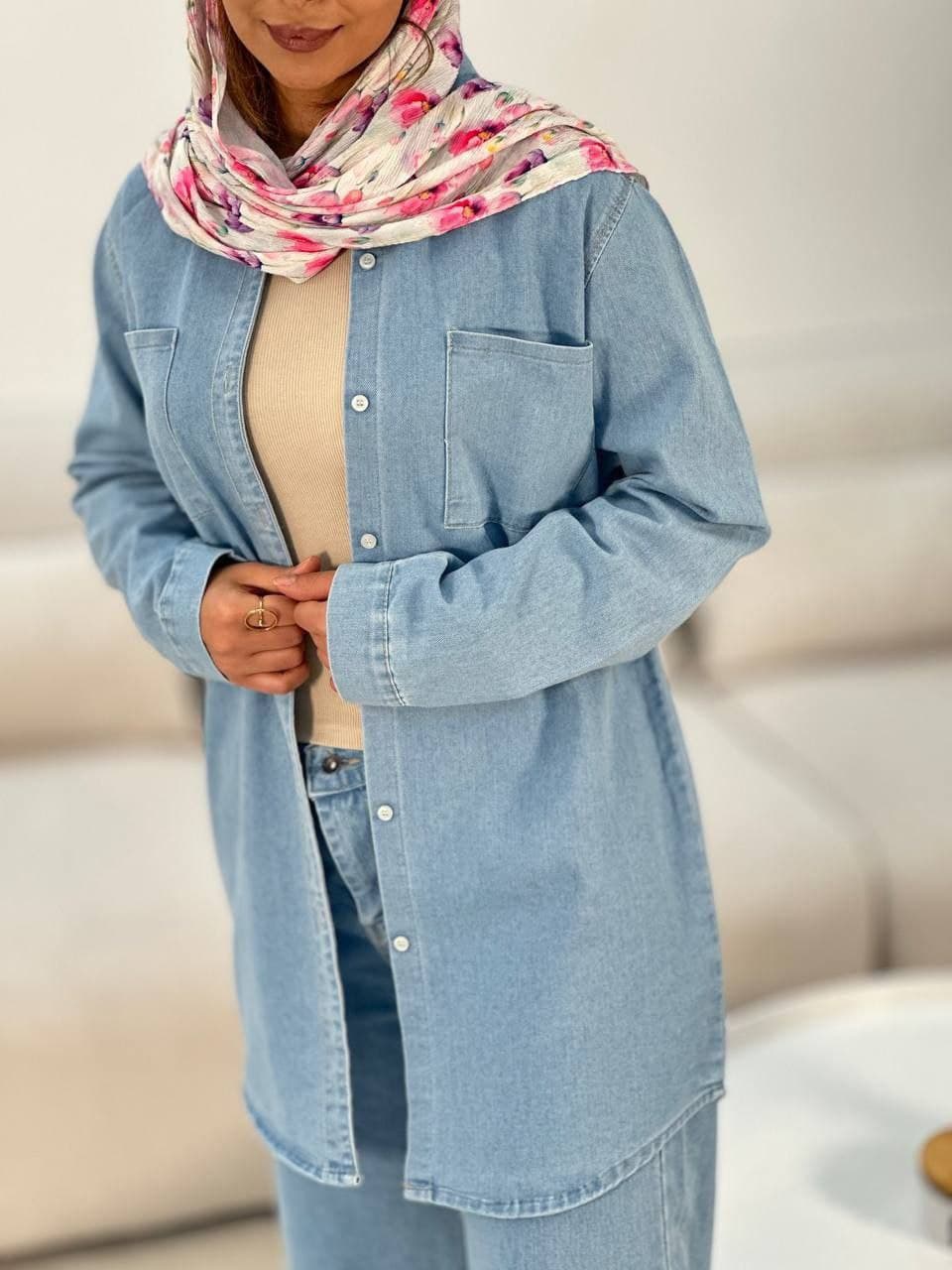 مانتو جین تابستانی زنانه و دخترانه آبی یخی