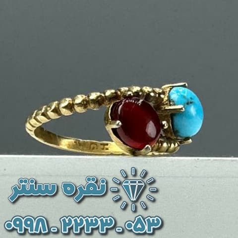 انگشتر زنانه فیروزه نیشابوری و عقیق یمنی — تصویر ۳