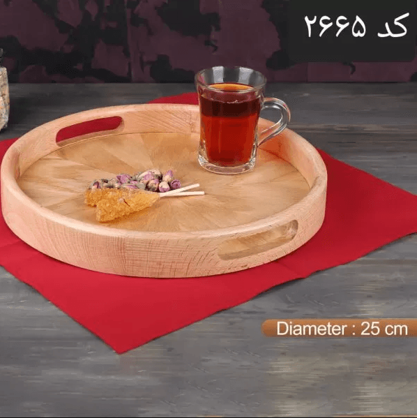 سینی چوبی گرد دسته دار چوب بامبو روشن سایز 25