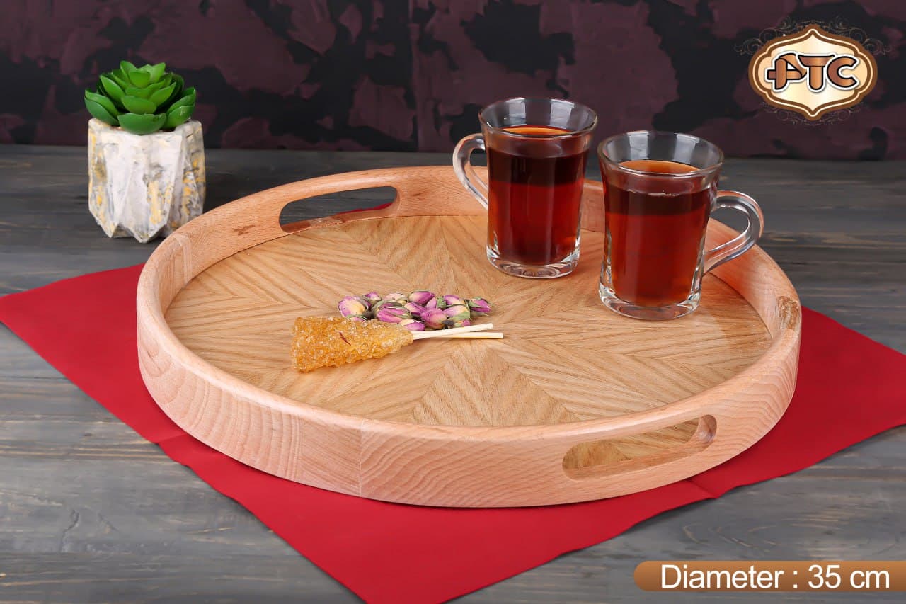 سینی چوبی گرد دسته دار چوب بامبو روشن سایز 35