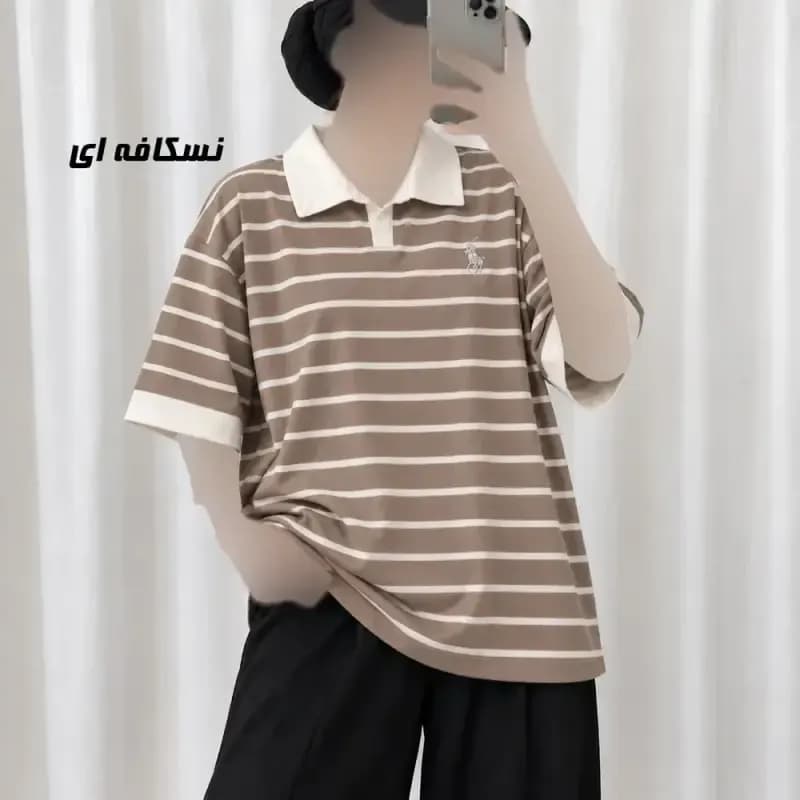 تیشرت باکسی پولوشرت نخ پنبه زنانه فری سایز دکمه دار — تصویر ۵