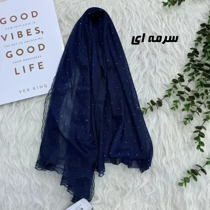 شال توری نگین دار روزمره قواره 180 در 65 سانت مشکی رنگ جنس تور — تصویر ۶