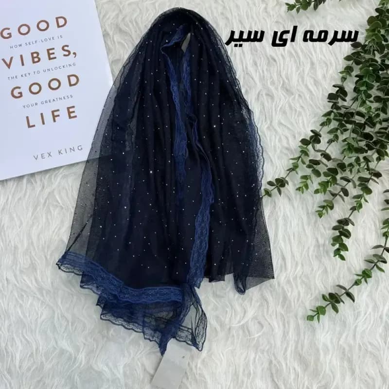 شال توری نگین دار روزمره قواره 180 در 65 سانت مشکی رنگ جنس تور — تصویر ۷