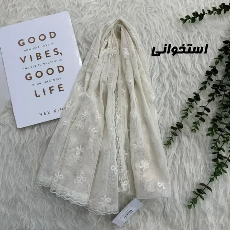 شال توری پاپیونی دور دانتل مناسب استفاده روزمره قواره 185 در 63 سانت — تصویر ۳