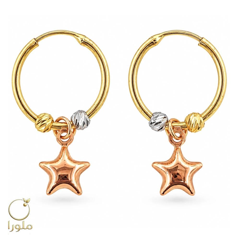گوشواره حلقه ای طلا با آویز ستاره و گوی کد 24006