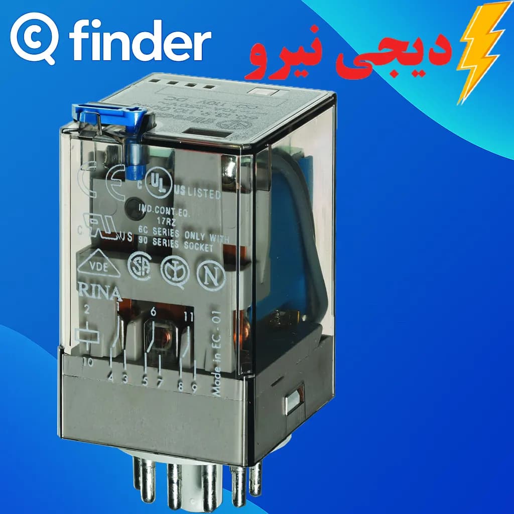 رله 3 کنتاکت 11 پایه 12 ولت DC سری 60 فیندر (FINDER) 60138012004 نصب بر روی سوکت‌های سری 90