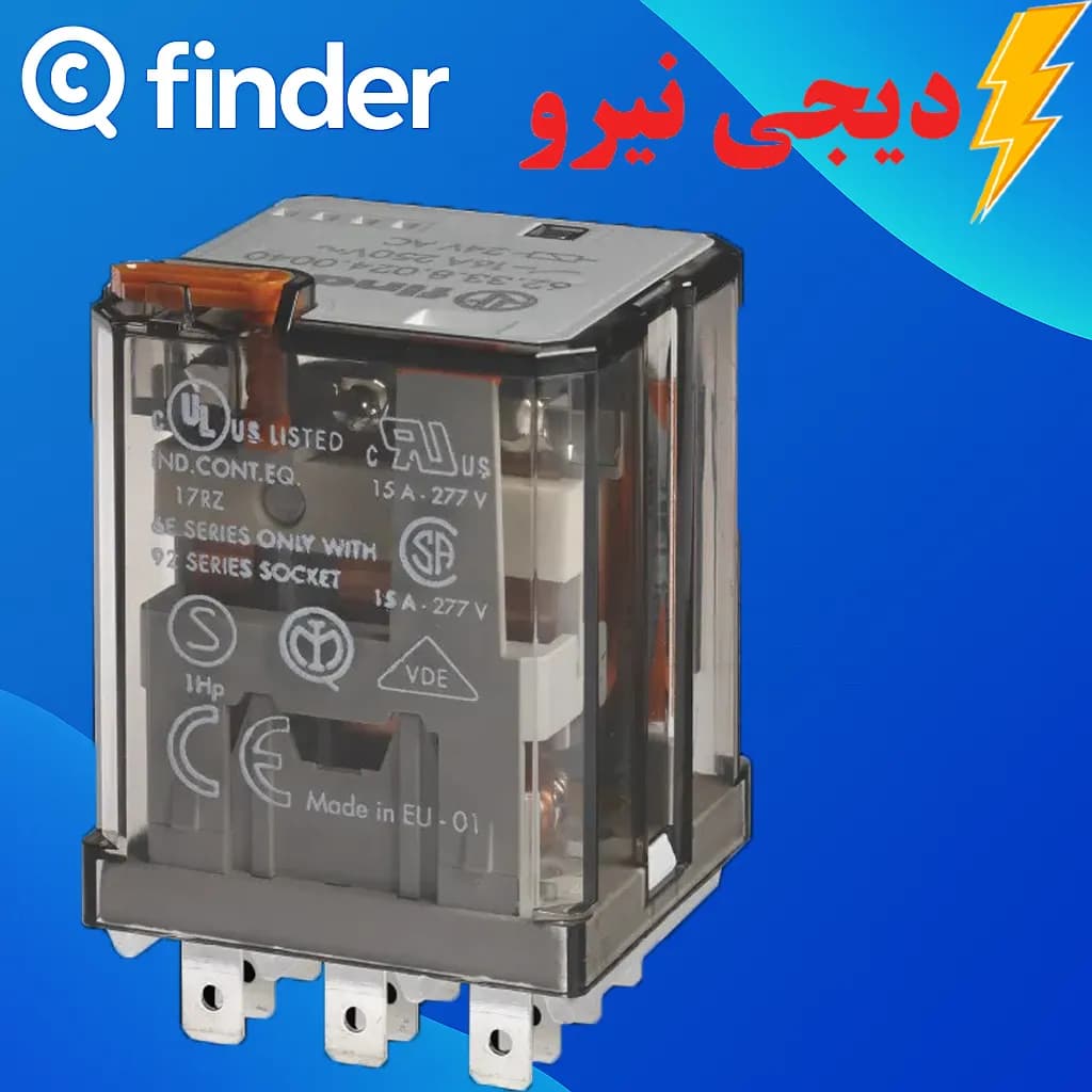 رله 3 کنتاکت 11 پایه 230 ولت AC سری 62 فیندر (FINDER) 623382300040 نصب بر روی سوکت‌های سری ۹۲.۰۳