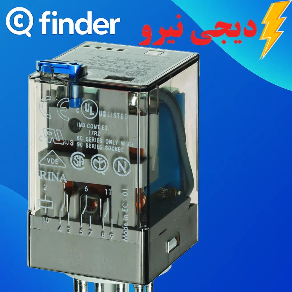 رله 3 کنتاکت 11 پایه 24 ولت DC سری 62 فیندر (FINDER) 623390240040 نصب بر روی سوکت‌های سری ۹۲.۰۳