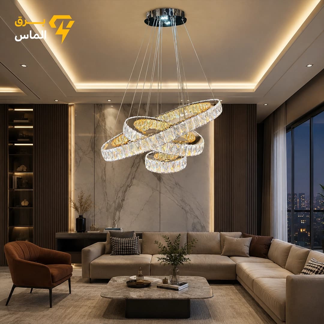 لوستر مدرن 3حلقه کریستالی سایز 20*40*60 / کفی دارای LED / ریموت کنترل/ ضمانت بازگشت وجه