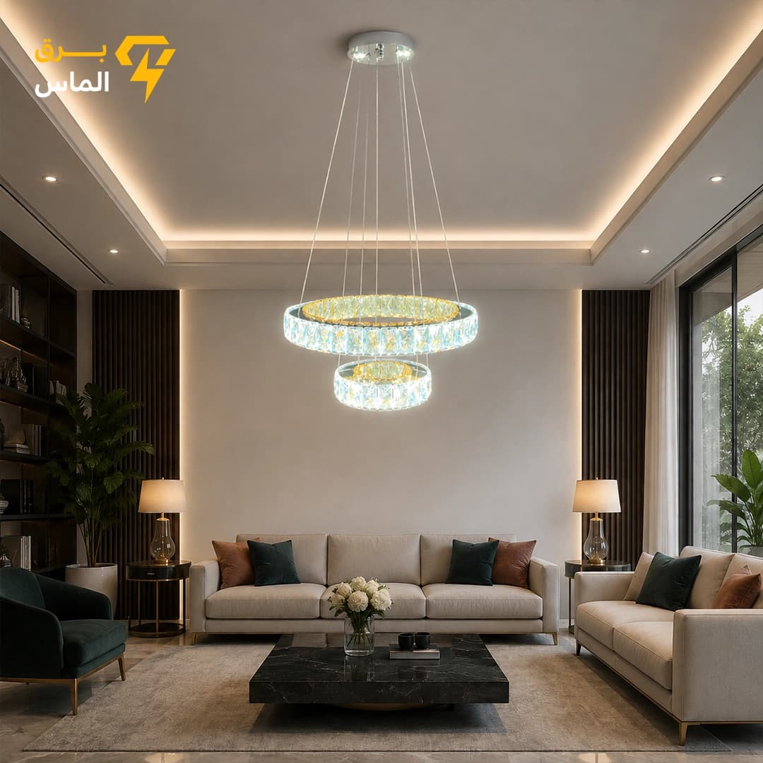 لوستر مدرن 2حلقه کریستالی سایز 20*40 / کفی دارای LED / ریموت کنترل/ ضمانت بازگشت وجه