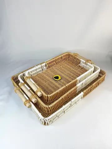 سبد حصیری دورنگ مستطیل دسته چوبی 3 سایز