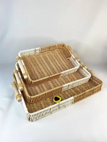 سبد حصیری دورنگ مستطیل دسته چوبی 3 سایز — تصویر ۲
