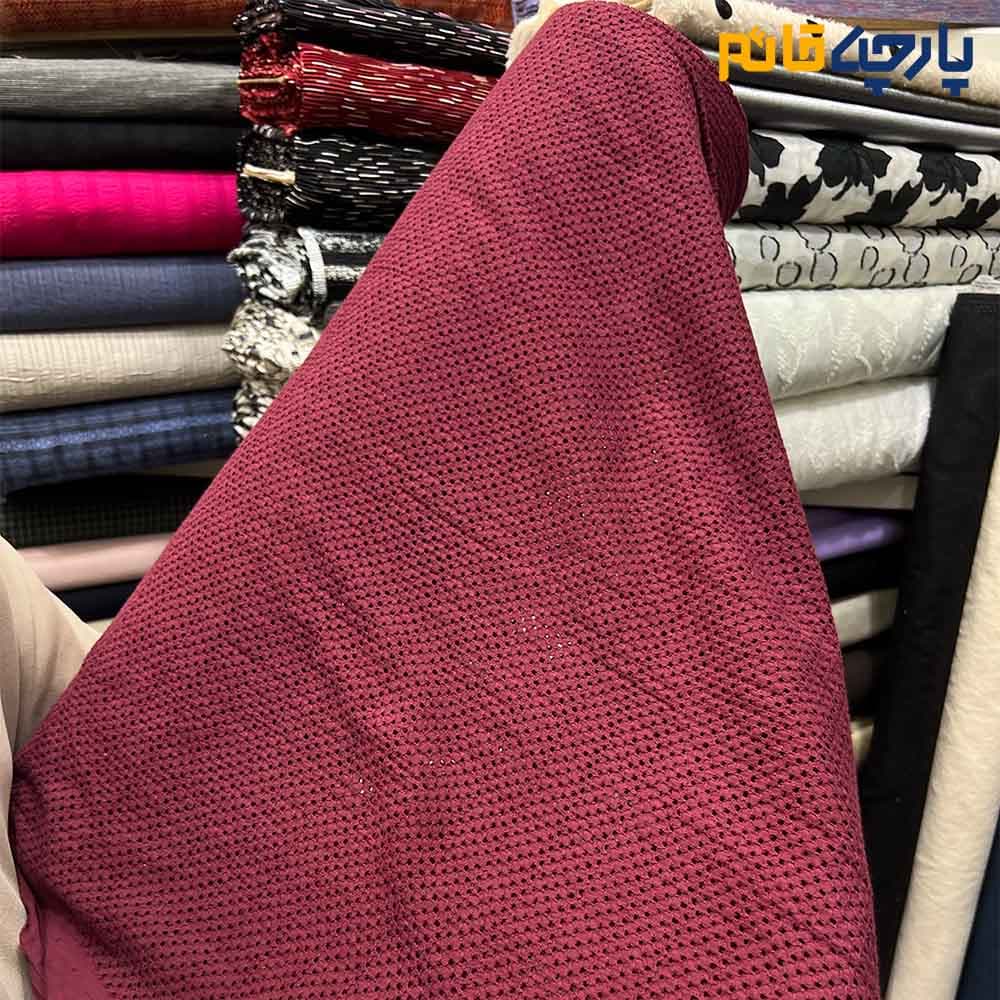 پارچه بهاره و تابستانه وال خامه دوزی کره ای رنگ زرشکی طرح مشبک هندی کد 5256