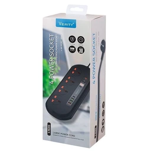 شارژر USB و چندراهی برق VERITY مدل 3115 | 4 پریز + 3 USB | 3000 وات