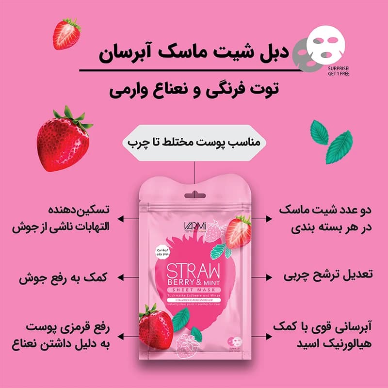 ماسک ورقه‌ای صورت وارمی مدل توت فرنگی و نعناع بسته 2 عددی — تصویر ۳