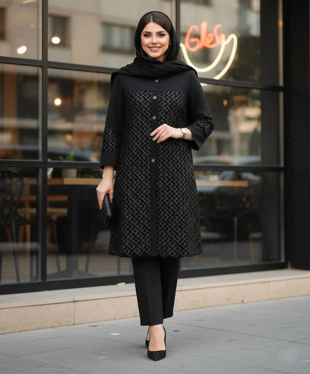 مانتو بلند مخمل سوزن دوزی نقره ای مدل اختر |کد:1091