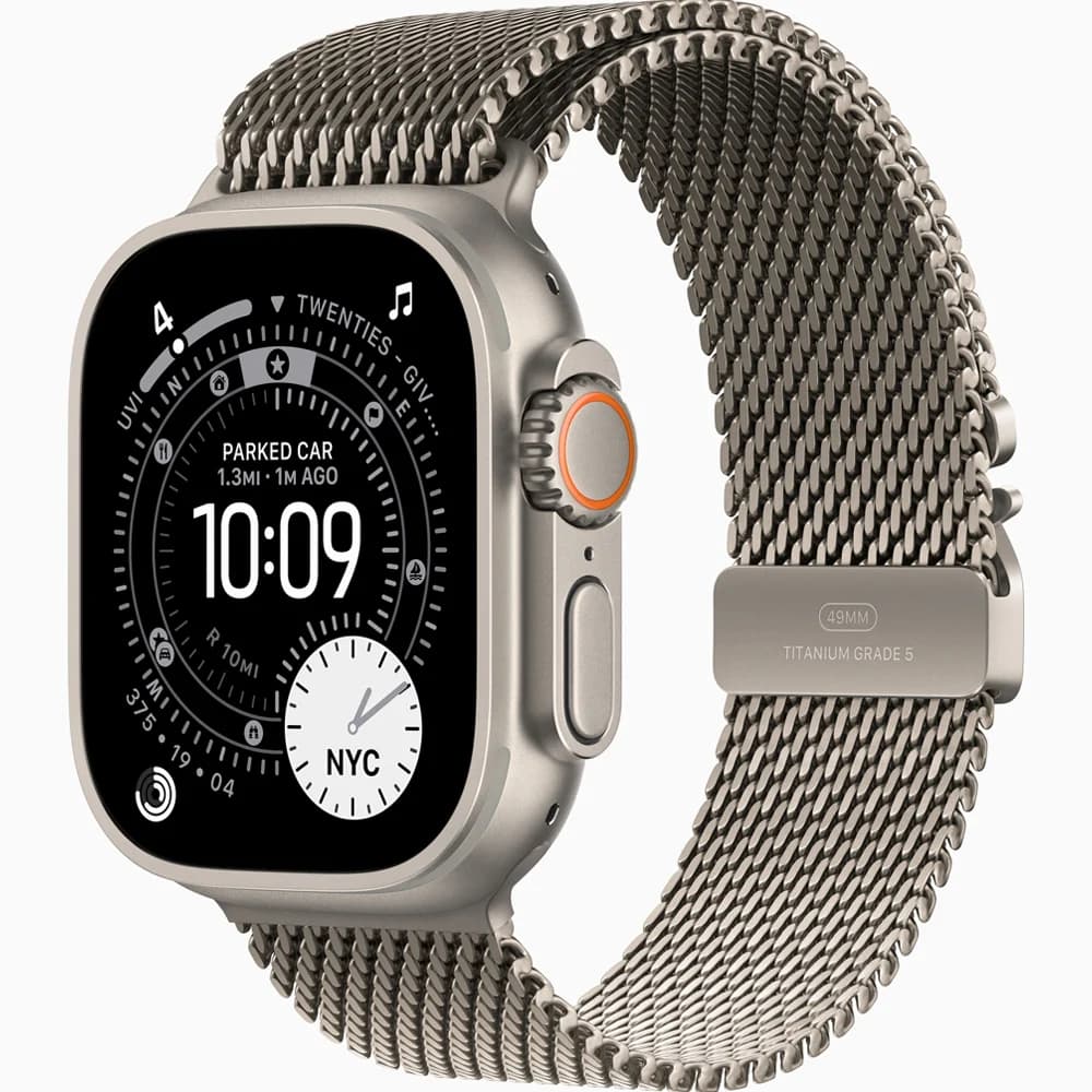 ساعت هوشمند ۴۹ میلی‌متری اپل مدل Ultra 3 با بدنه تیتانیوم طبیعی و بند Titanium Milanese
