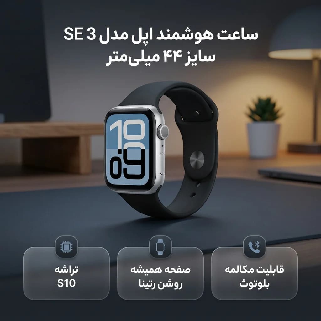 ساعت هوشمند ۴۴ میلی‌متری اپل مدل SE 3 با بدنه آلومینیومی و بند سیلیکونی — تصویر ۳