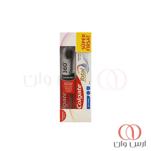 پک مسواک کلگیت 360 Charcoal به همراه خمیردندان Total Active Protection Whitening حجم 50 میل