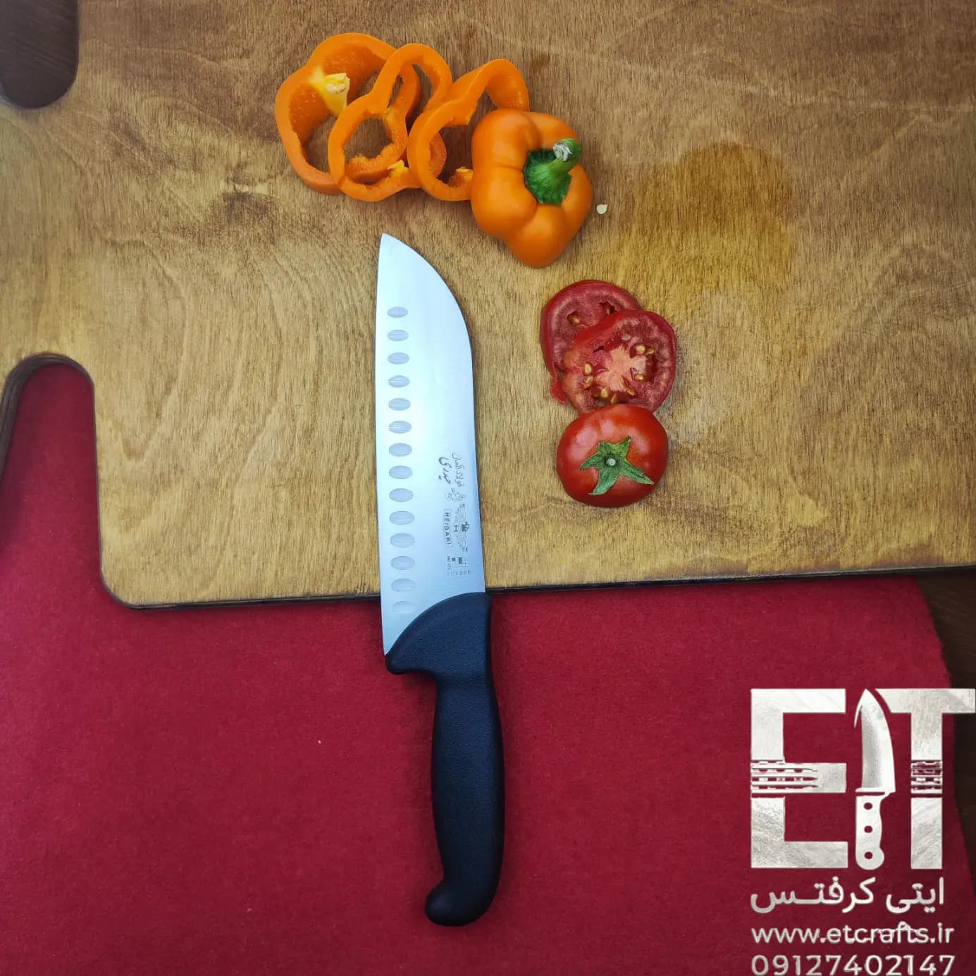 چاقو سرآشپز حیدری مدل سانتاکو شیار دار (تیغه استیل ضد زنگ و دسته آنتی باکتریال) ساخت زنجان — تصویر ۵