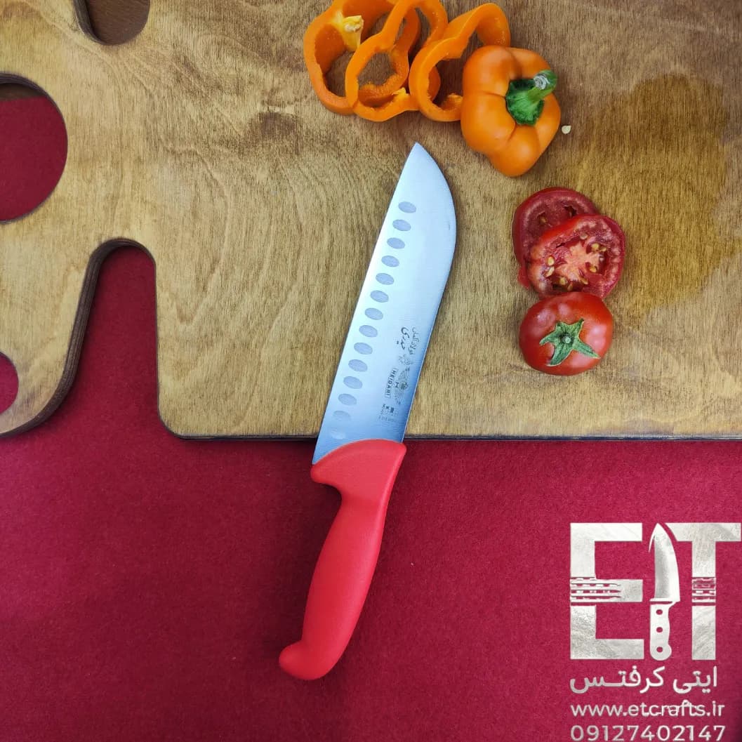 چاقو سرآشپز حیدری مدل سانتاکو شیار دار (تیغه استیل ضد زنگ و دسته آنتی باکتریال) ساخت زنجان — تصویر ۶