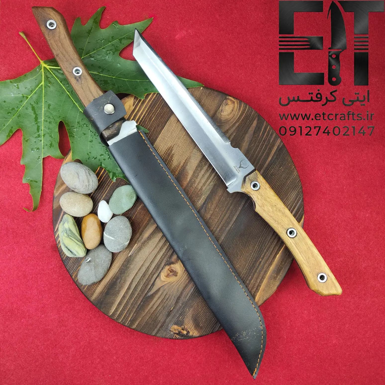 چاقو شکاری طرح تانتو ژاپنی ایران نایف (تیغه یک‌تکه فولاد CK60 و دسته چوب چنار) دست ساز استاد سید عباس وفی زنجان — تصویر ۲