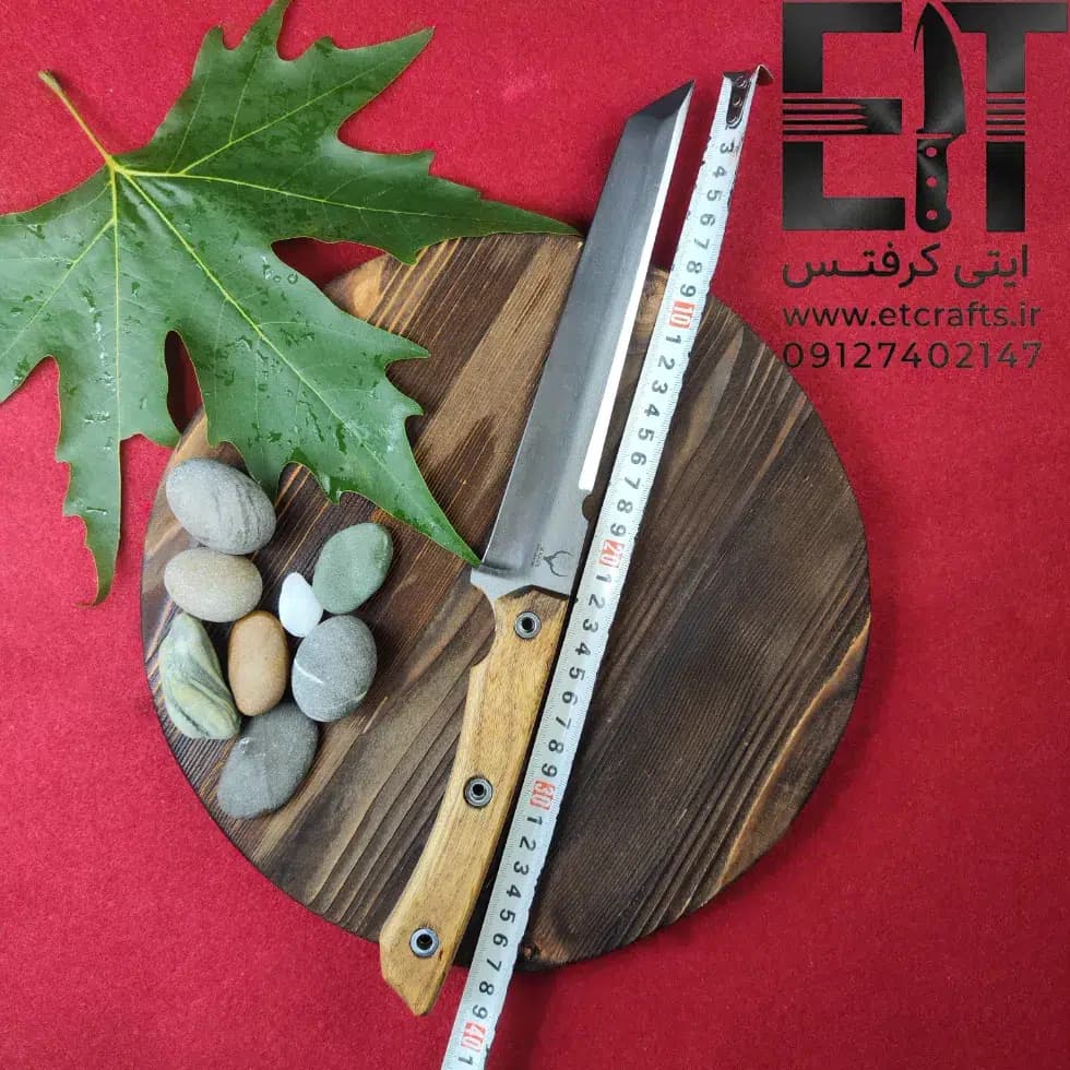 چاقو شکاری طرح تانتو ژاپنی ایران نایف (تیغه یک‌تکه فولاد CK60 و دسته چوب چنار) دست ساز استاد سید عباس وفی زنجان — تصویر ۵